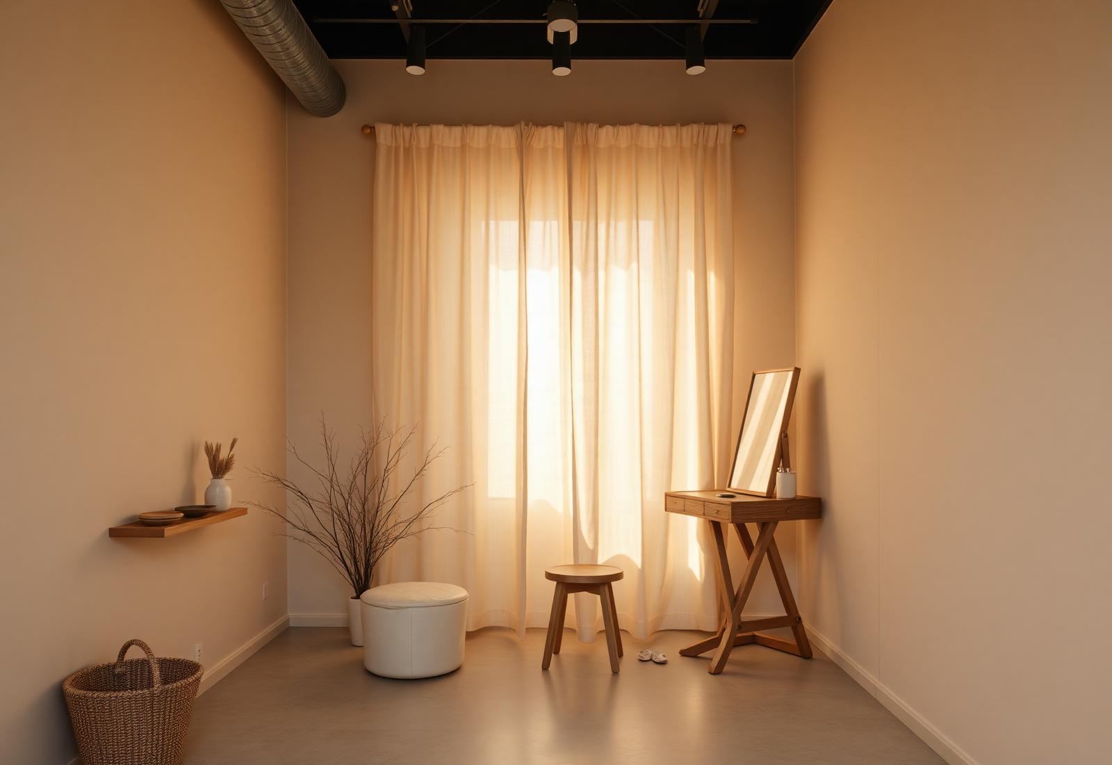 Interno dello studio con luce naturale, tende in lino e postazione essenziale